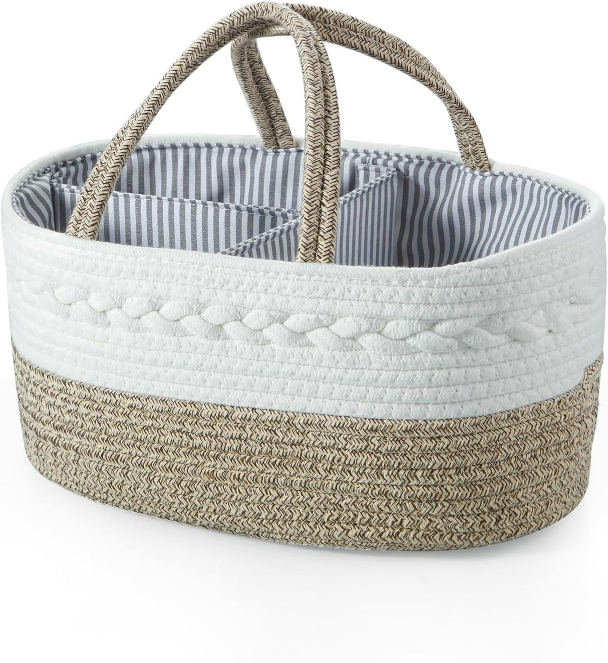 Brown cotton rope baby diaper caddy organiser with three compartments