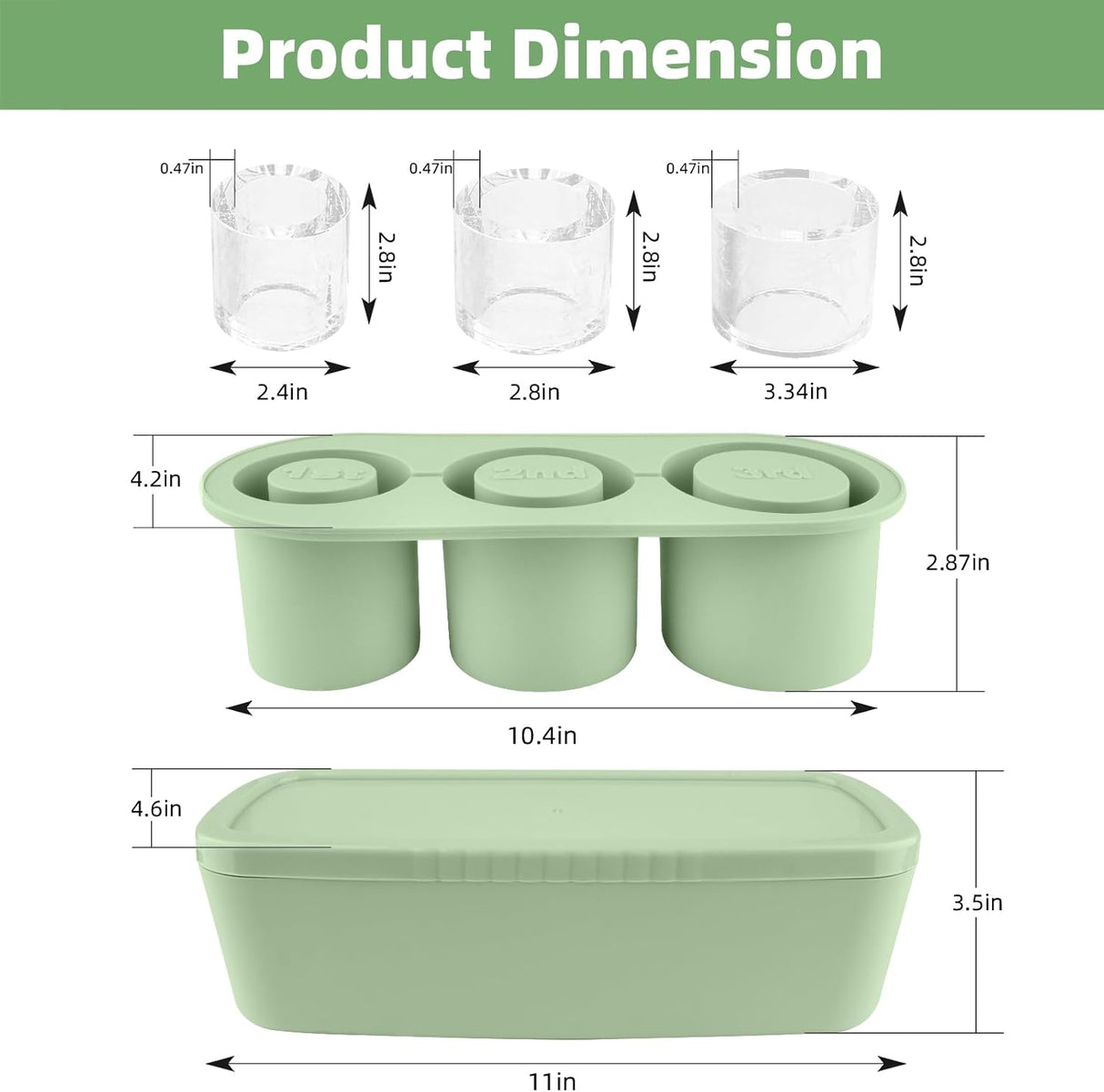Malcesine Ice Cube Tray, Cylinder, Silicone, 3pcs, Green, 40 oz