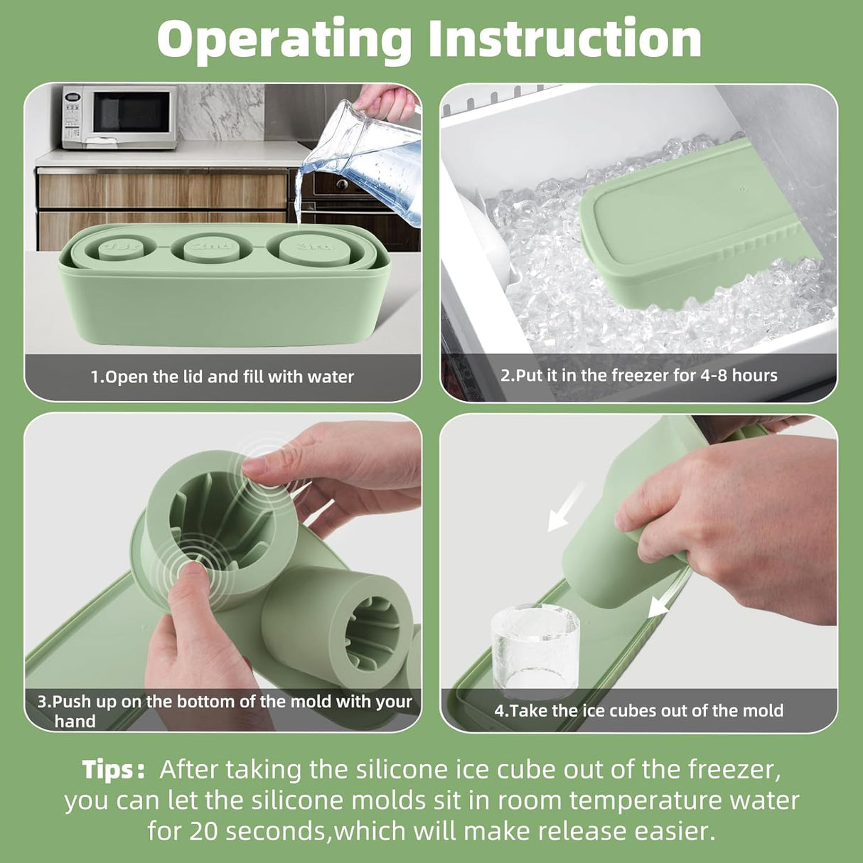 Malcesine Ice Cube Tray, Cylinder, Silicone, 3pcs, Green, 40 oz