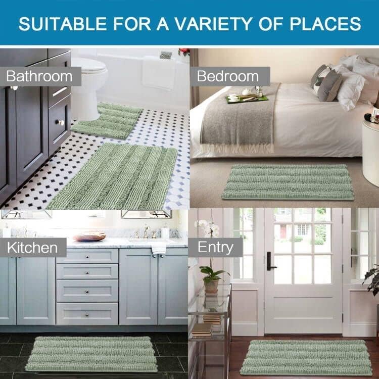Small sage striped chenille bath mat, 43 x 61 cm, beside a vanity