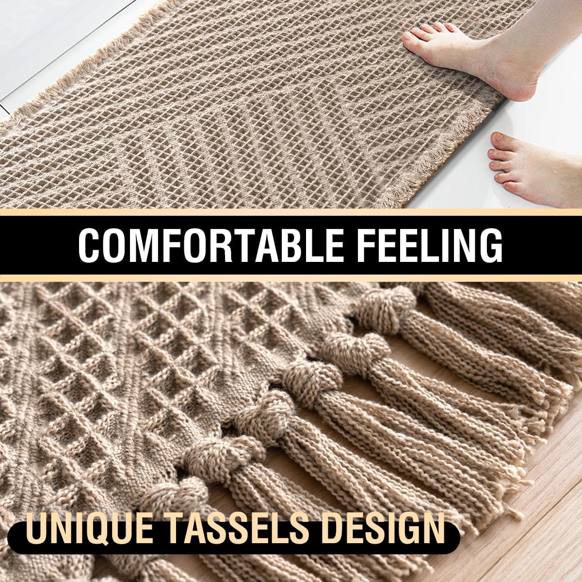 Both cream waffle bath mats shown flat to display their sizes