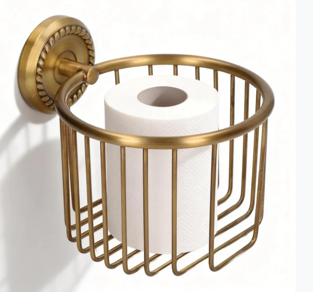 Brushed brass wall mounted toilet paper holder basket with perforated pattern