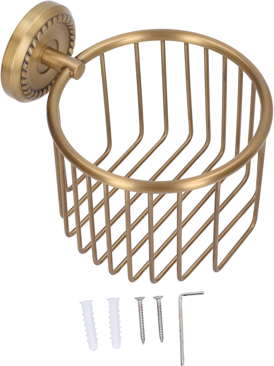 Brass toilet roll basket holding a roll in use with a spare stored behind