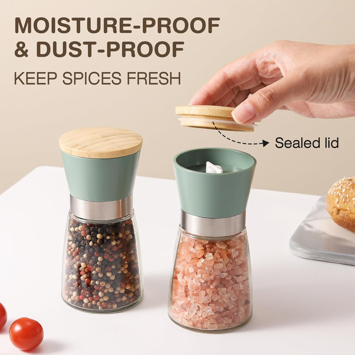 Sciacca Salt and Pepper Grinder Set, Glass and Stainless Steel, Bamboo Lid, Green, 160ml, 2pcs
