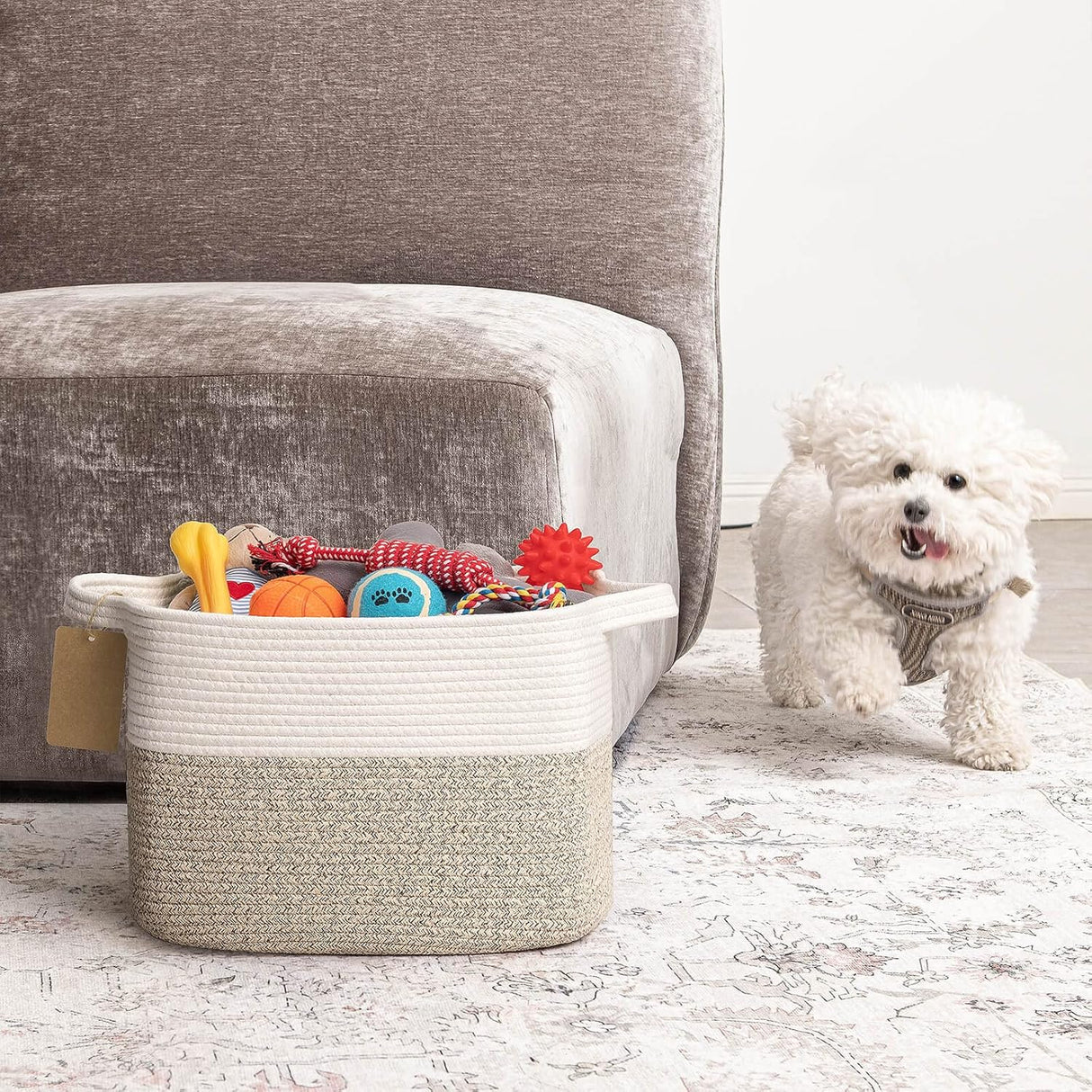 Woven cotton rope storage basket in brown