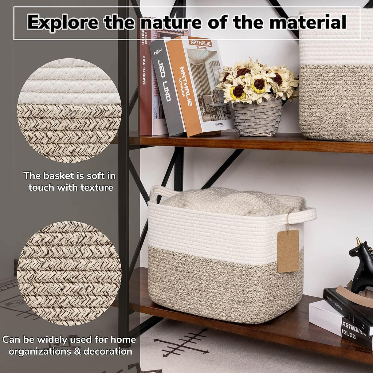 Woven cotton rope storage basket in brown