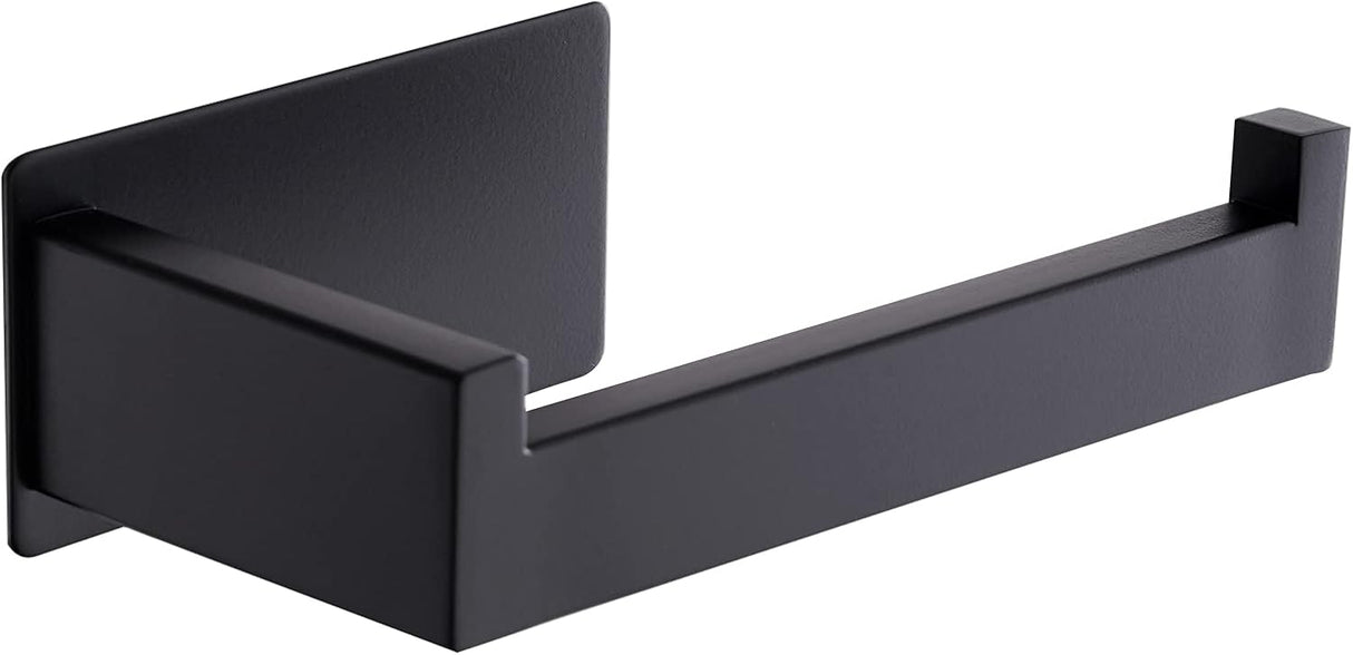Black 304 stainless steel adhesive toilet roll holder with L shaped bar mounted on a bathroom wall