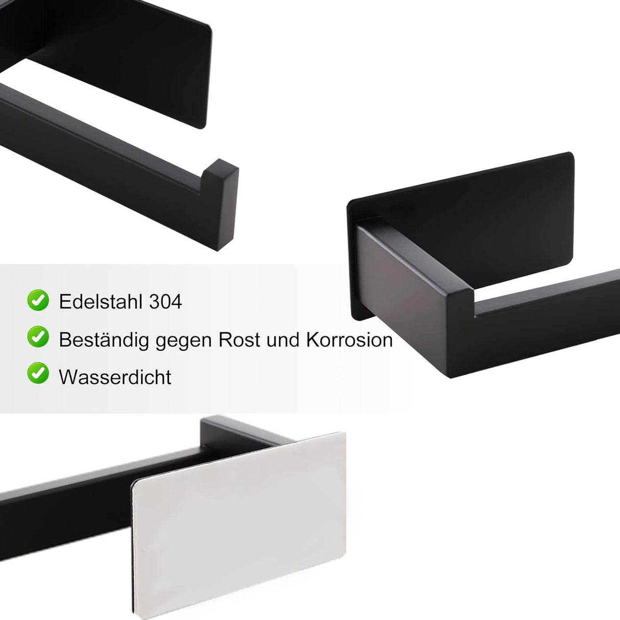 Angled view of the black brushed stainless steel toilet roll holder showing the hooked end of the crossbar