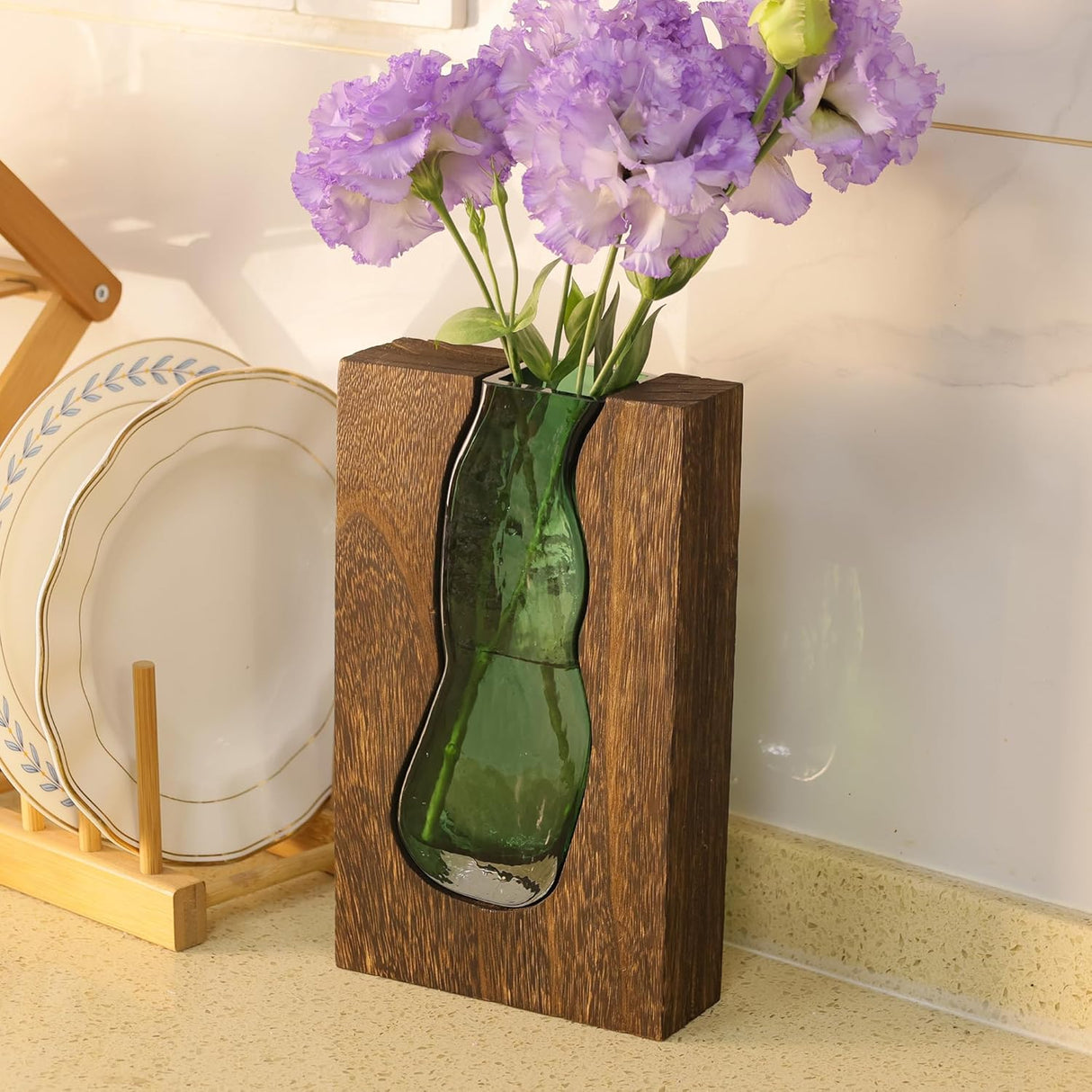Wood and glass vase with removable glass insert