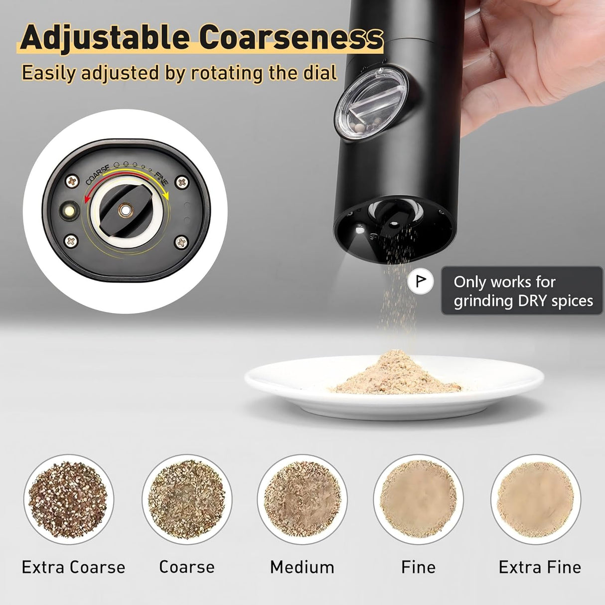 Erice Salt or Pepper Grinder, Electric, Battery Powered, LED Light, Silver