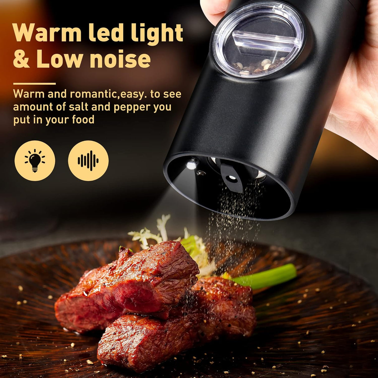 Erice Salt or Pepper Grinder, Electric, Battery Powered, LED Light, Silver