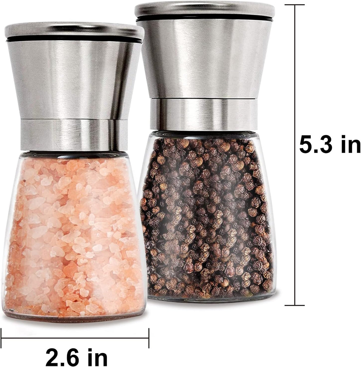 Trapani Salt and Pepper Grinder Set, Glass and Stainless Steel, Ceramic Rotor, 2pcs