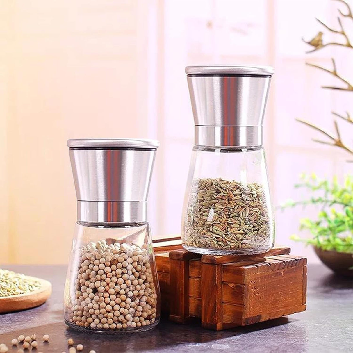 Trapani Salt and Pepper Grinder Set, Glass and Stainless Steel, Ceramic Rotor, 2pcs
