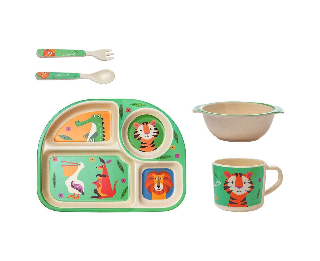 Green bamboo baby tableware set with plate, bowl, cup, spoon and fork