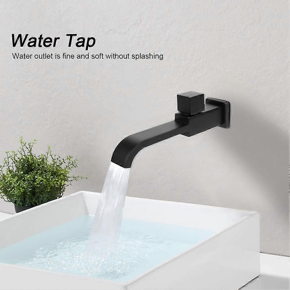 Side view of matte black wall mounted basin tap showing slim spout profile