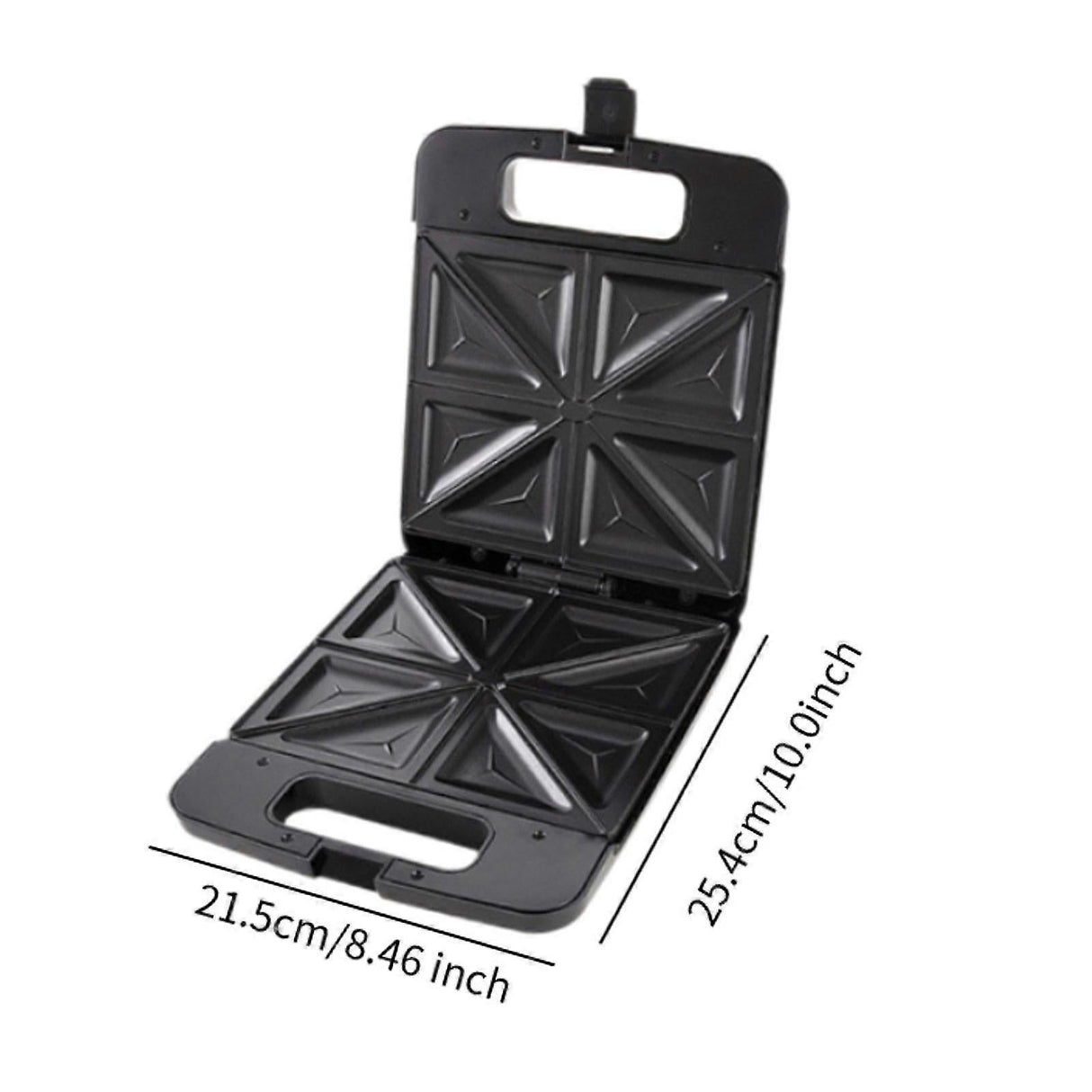 Waffle maker opened showing triangular non stick cooking plates