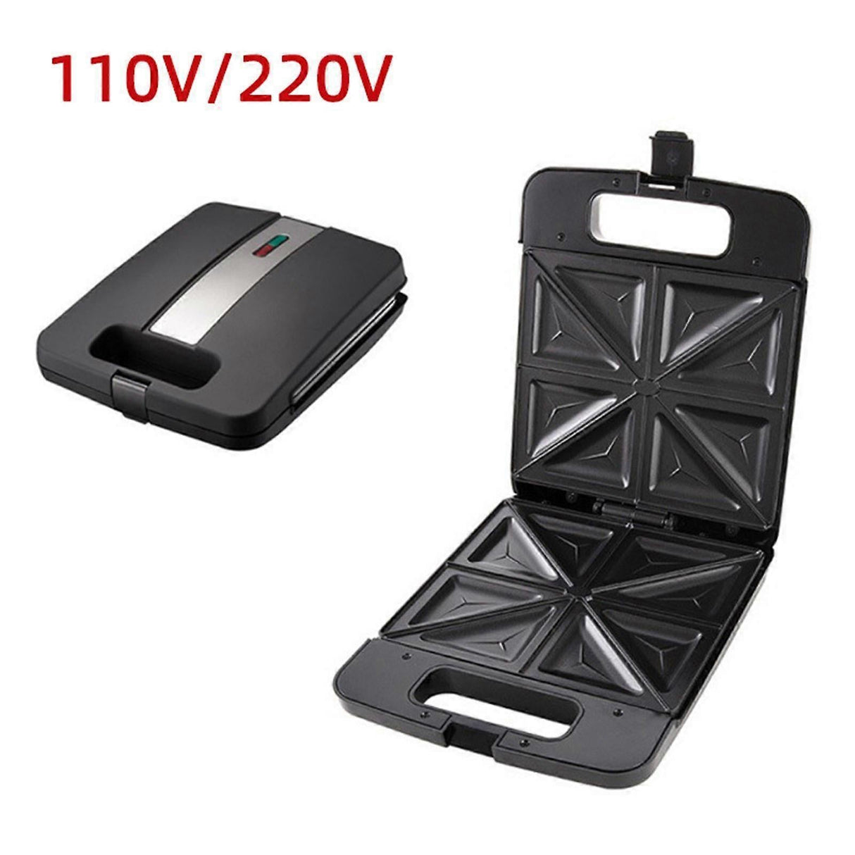 Compact triangle waffle maker closed on a kitchen bench