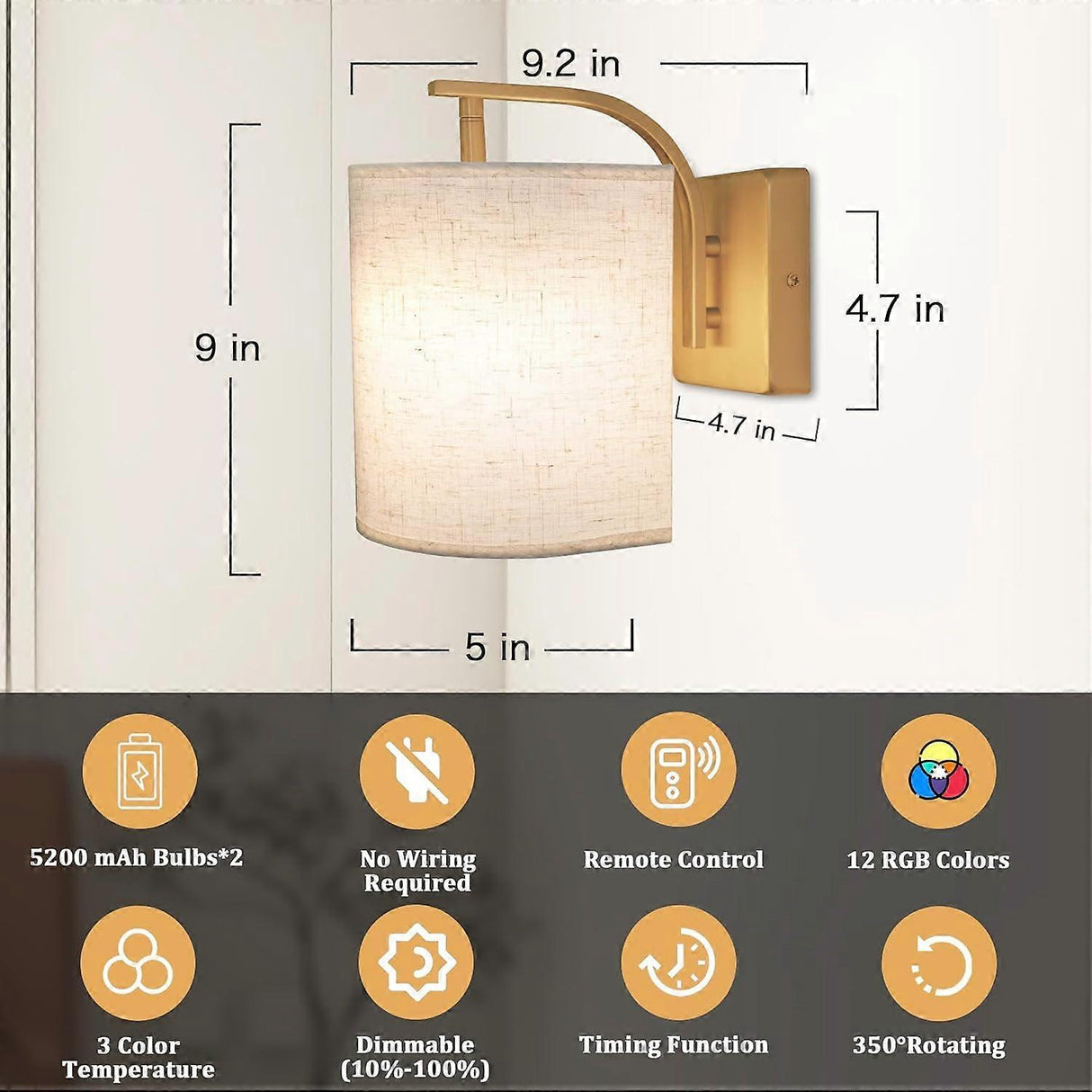 Rechargeable RGB LED wall sconce in gold, set of two