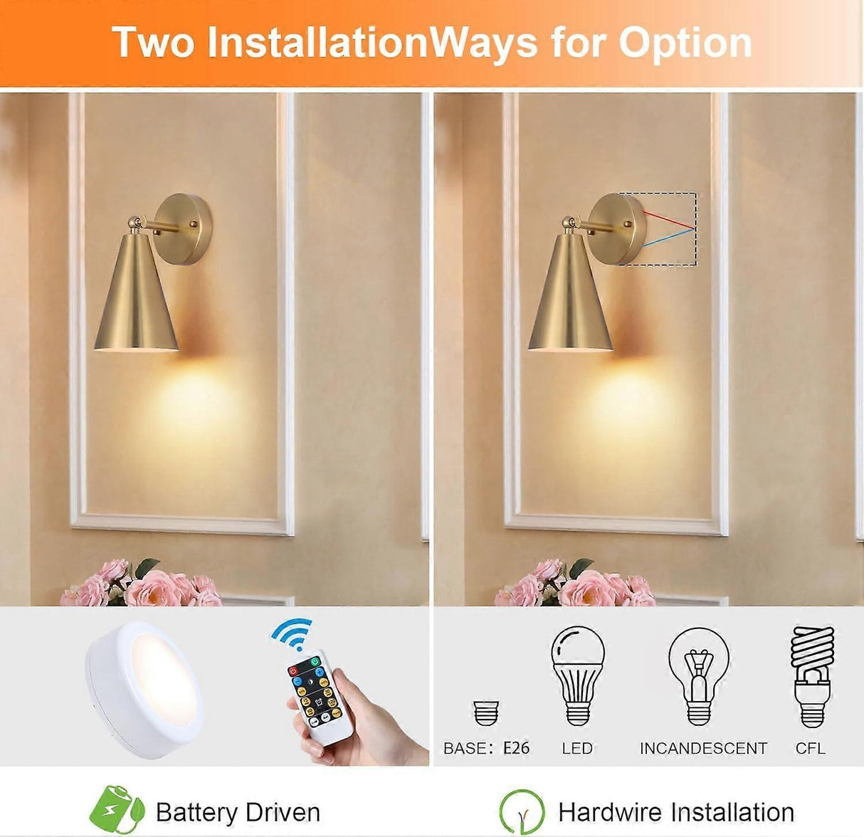 Modern gold wall sconce with cone shade, set of two