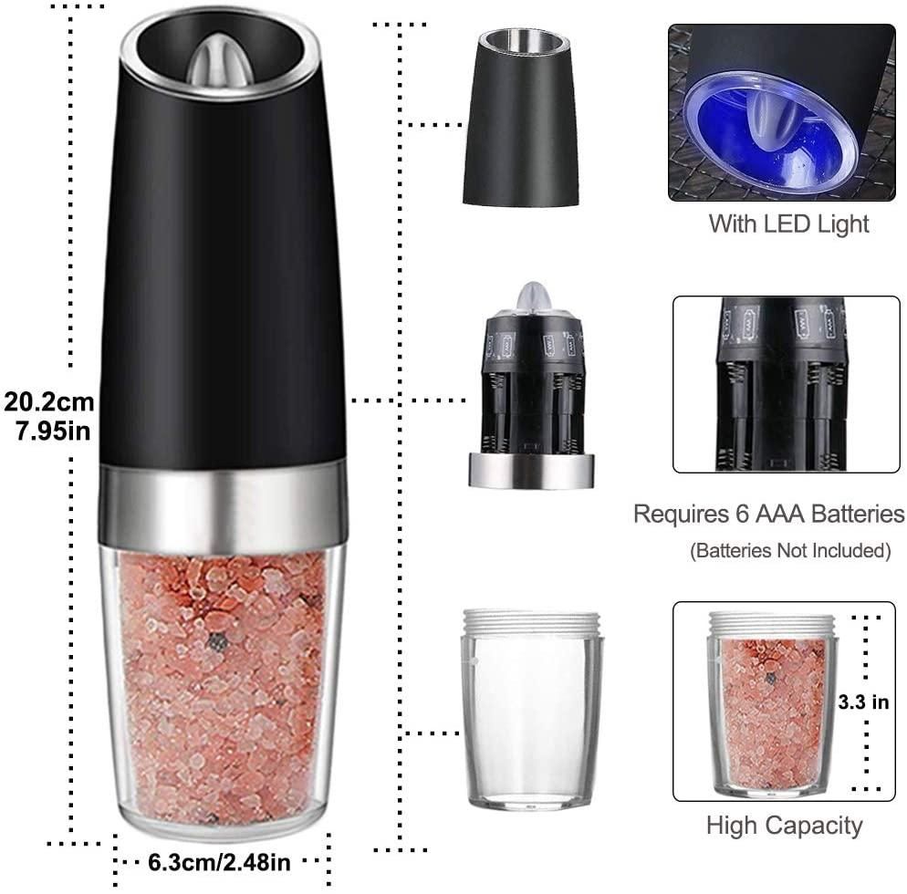 Taormina Salt and Pepper Grinder Set, Electric Gravity, Stainless Steel, Black, 2pcs