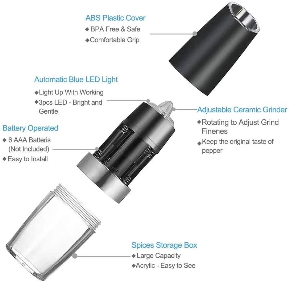Taormina Salt and Pepper Grinder Set, Electric Gravity, Stainless Steel, Black, 2pcs
