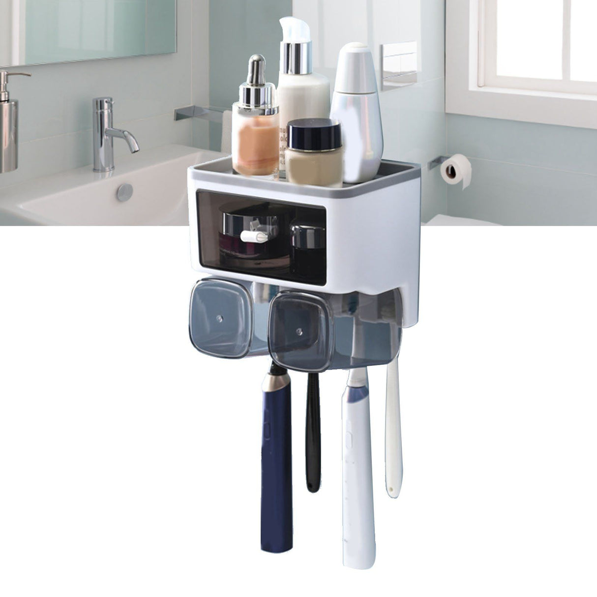 Chia Toothbrush Shelf, Wall Mounted, Mouthwash Cup Holder, White, 2 Cups
