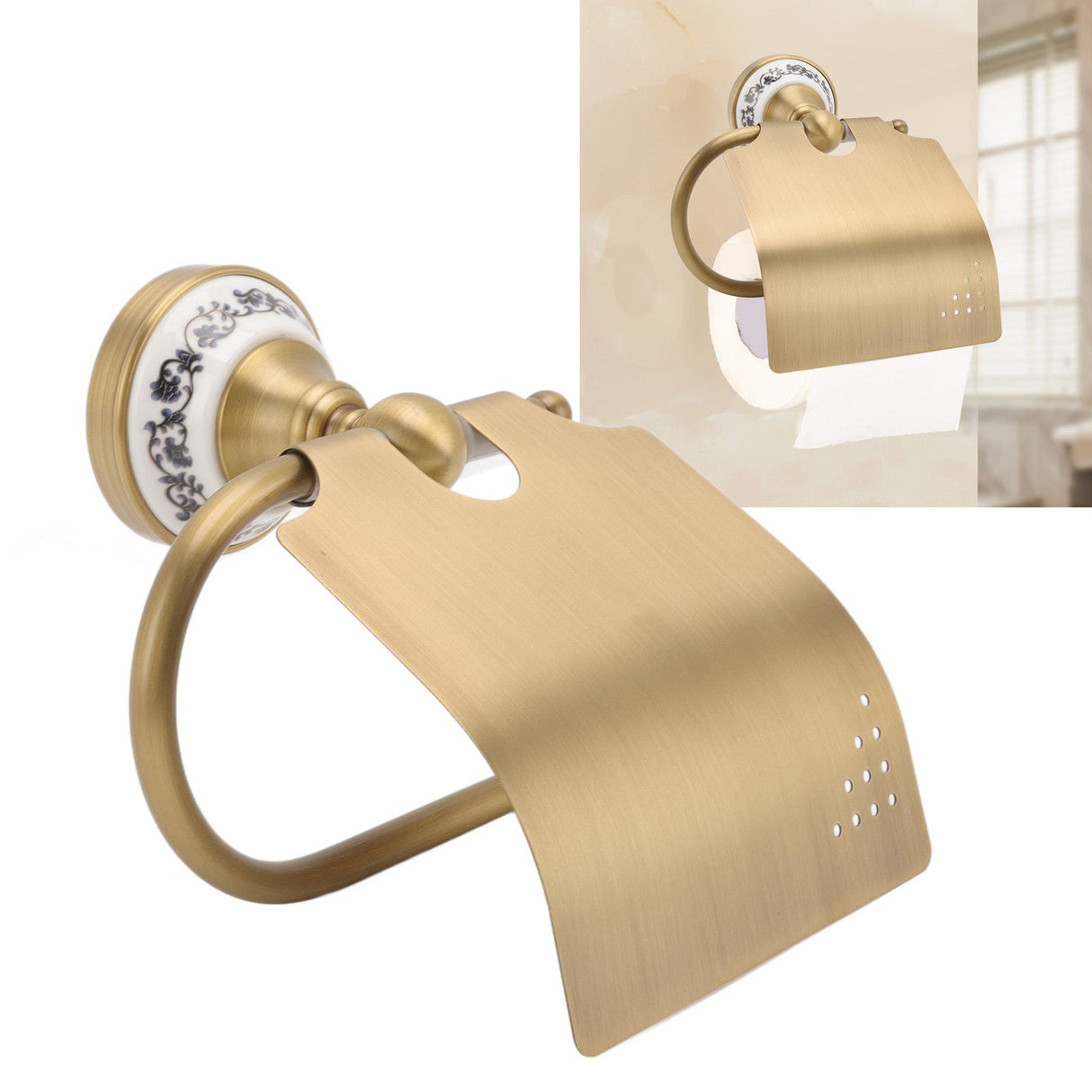 Porto Vecchio Toilet Paper Holder, Porcelain Decoration, Wall Mounted, Antique Brass