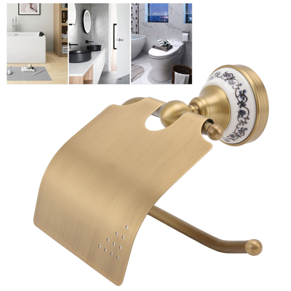 Porto Vecchio Toilet Paper Holder, Porcelain Decoration, Wall Mounted, Antique Brass
