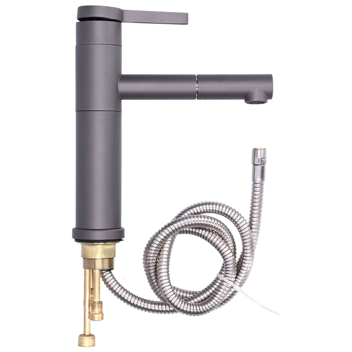 Front view of the grey pull out basin mixer with single control
