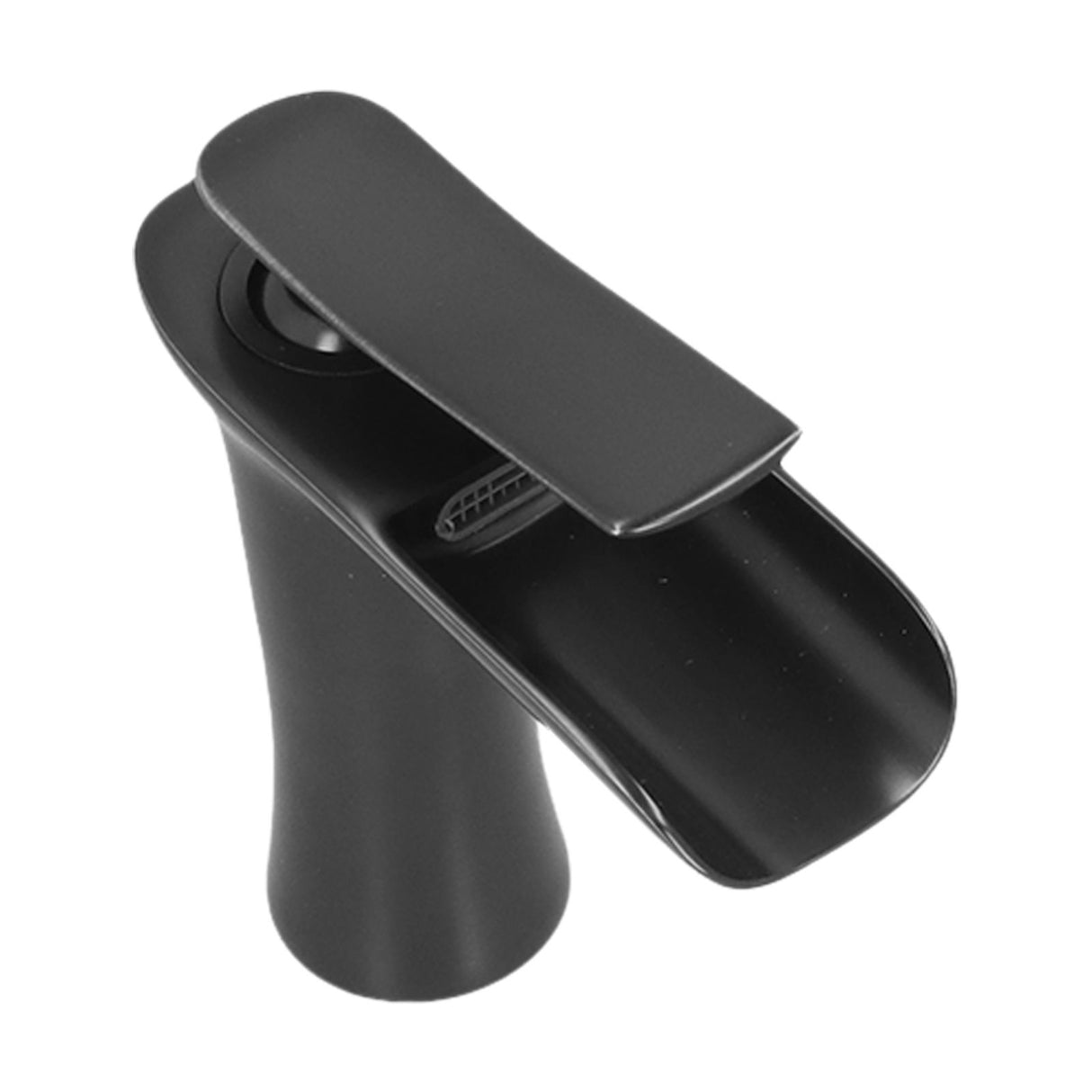 Close up of the lift type lever handle on the black tap