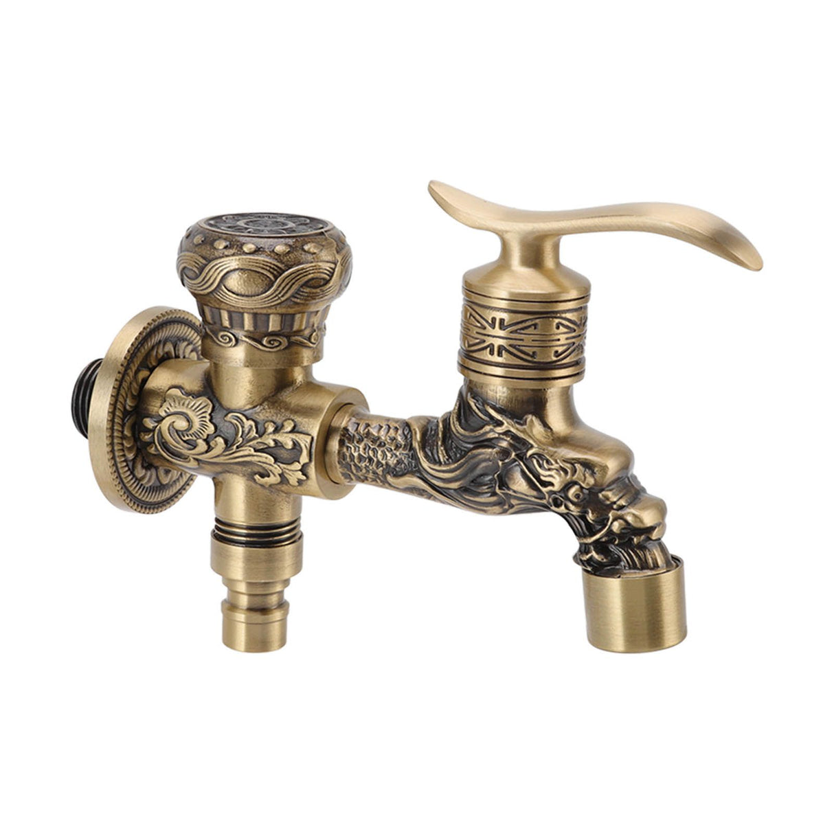 Close up of the dragon carving detail on the brass tap body