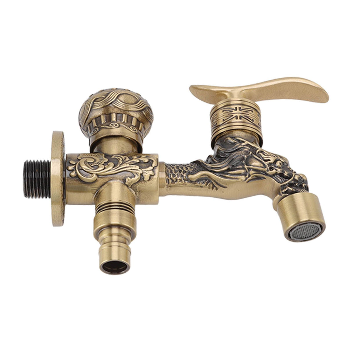 Close up of the tap outlet on the dragon carved basin tap
