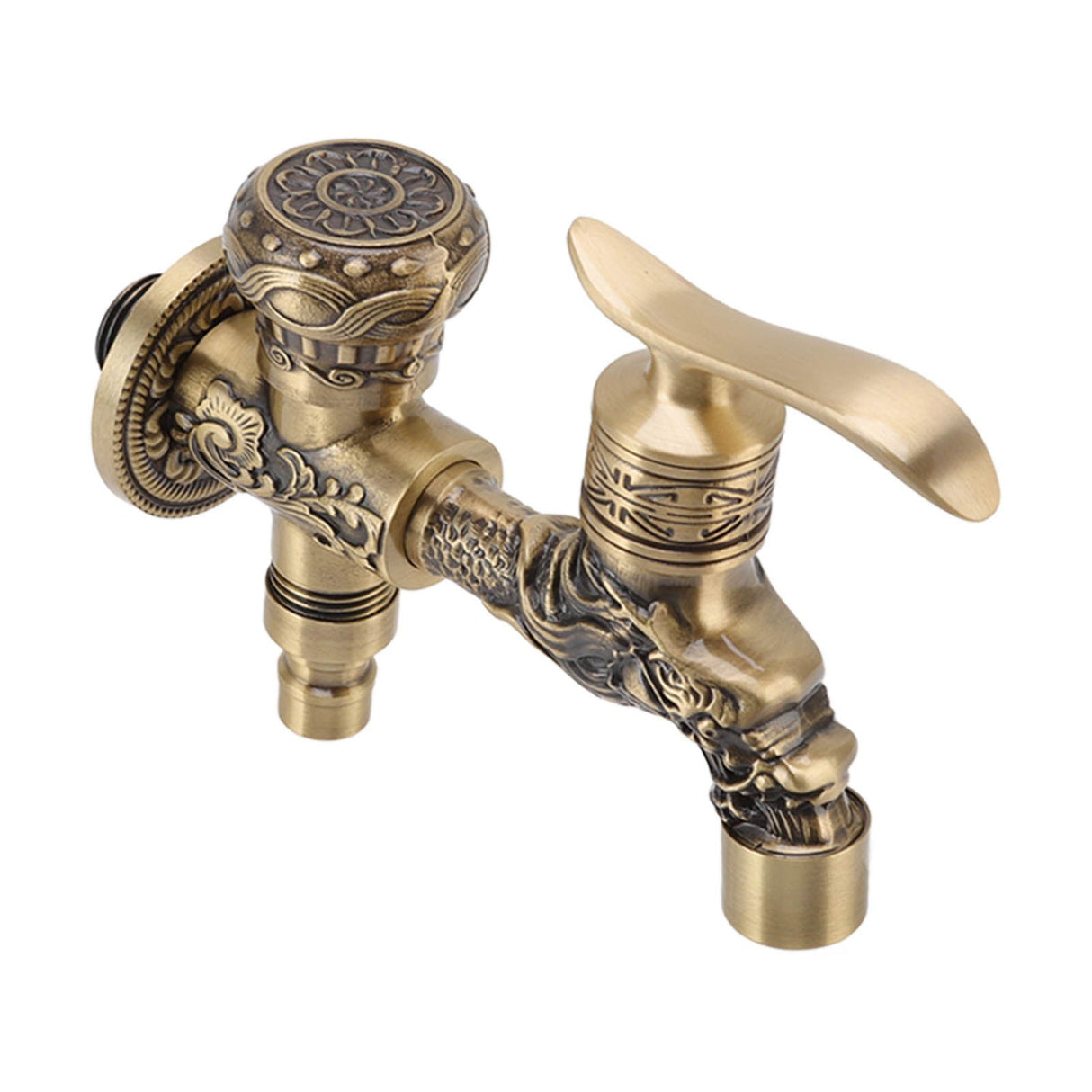 Antique copper tap in use with water running into a basin