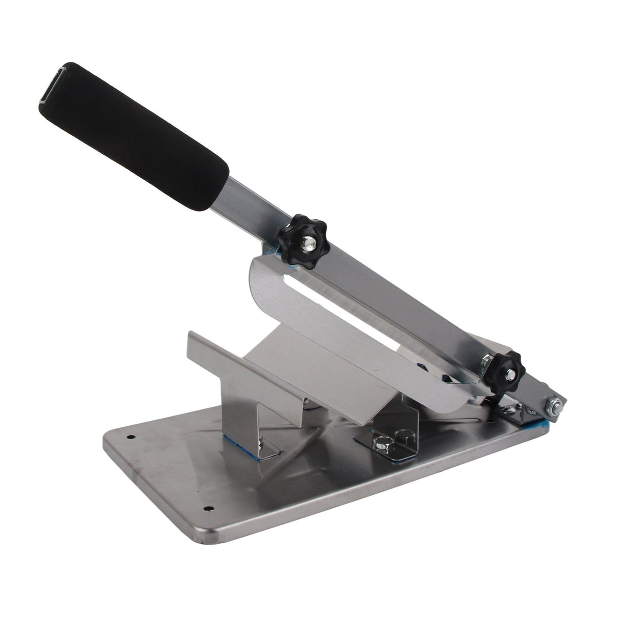 Frozen beef block loaded into the manual meat slicer carriage