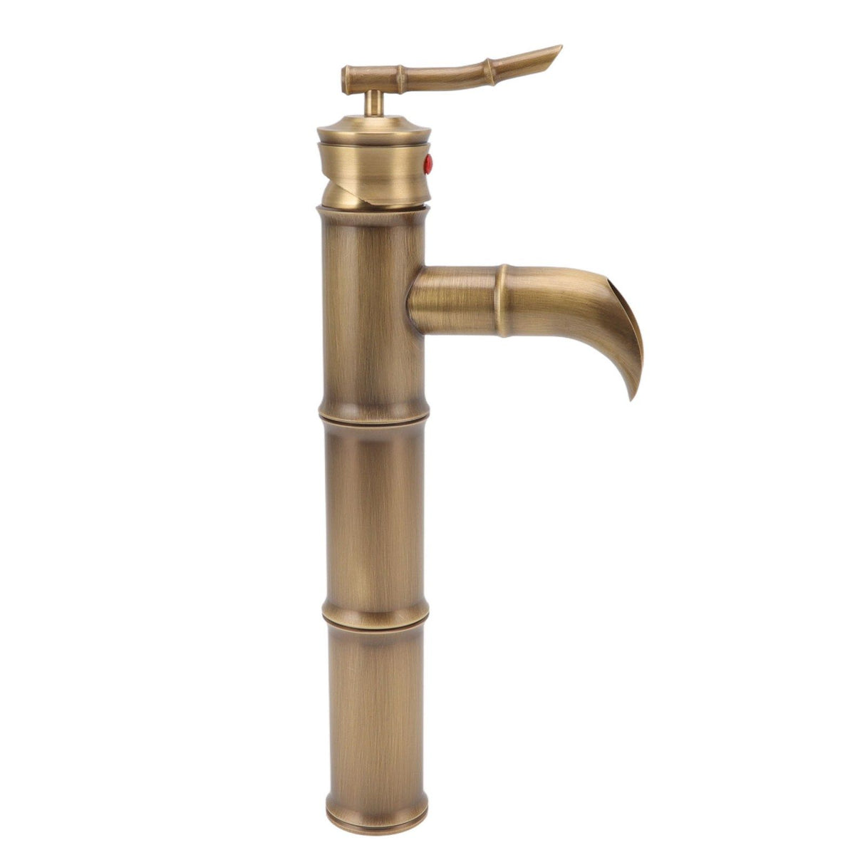 Copper bamboo joint basin mixer shown installed on a vessel basin