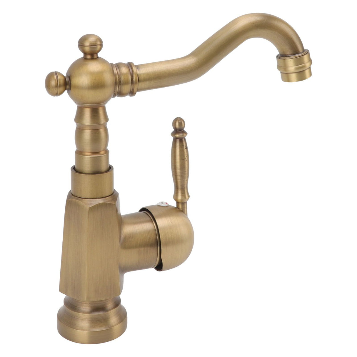 Close up of the single handle on the brushed brass basin mixer