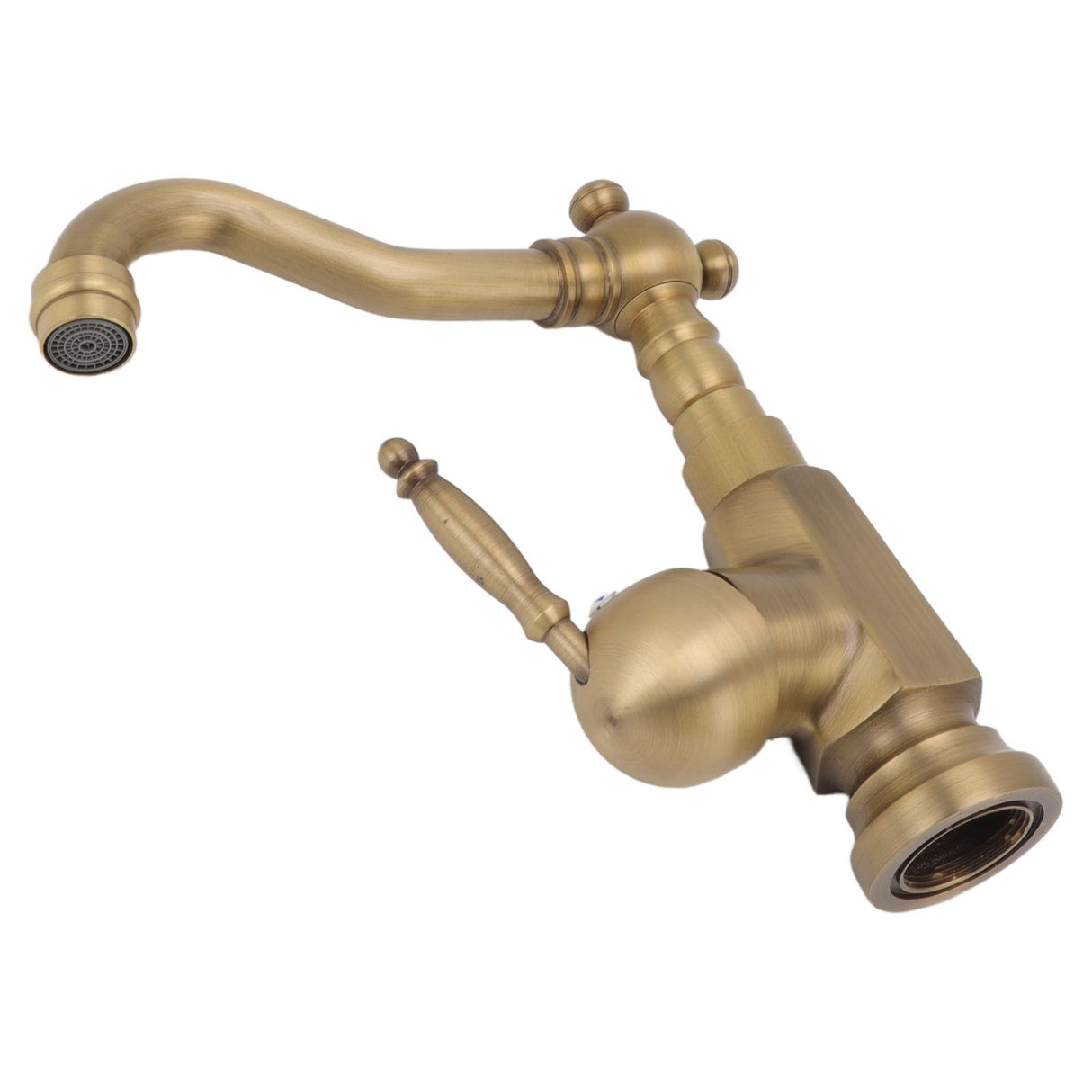 Water flowing from the heightened brushed brass basin mixer