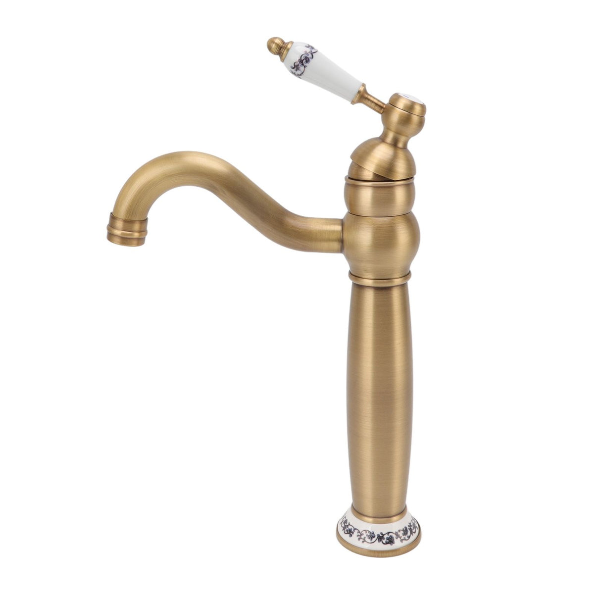 Close up of the blue and white porcelain handle on the brass tap