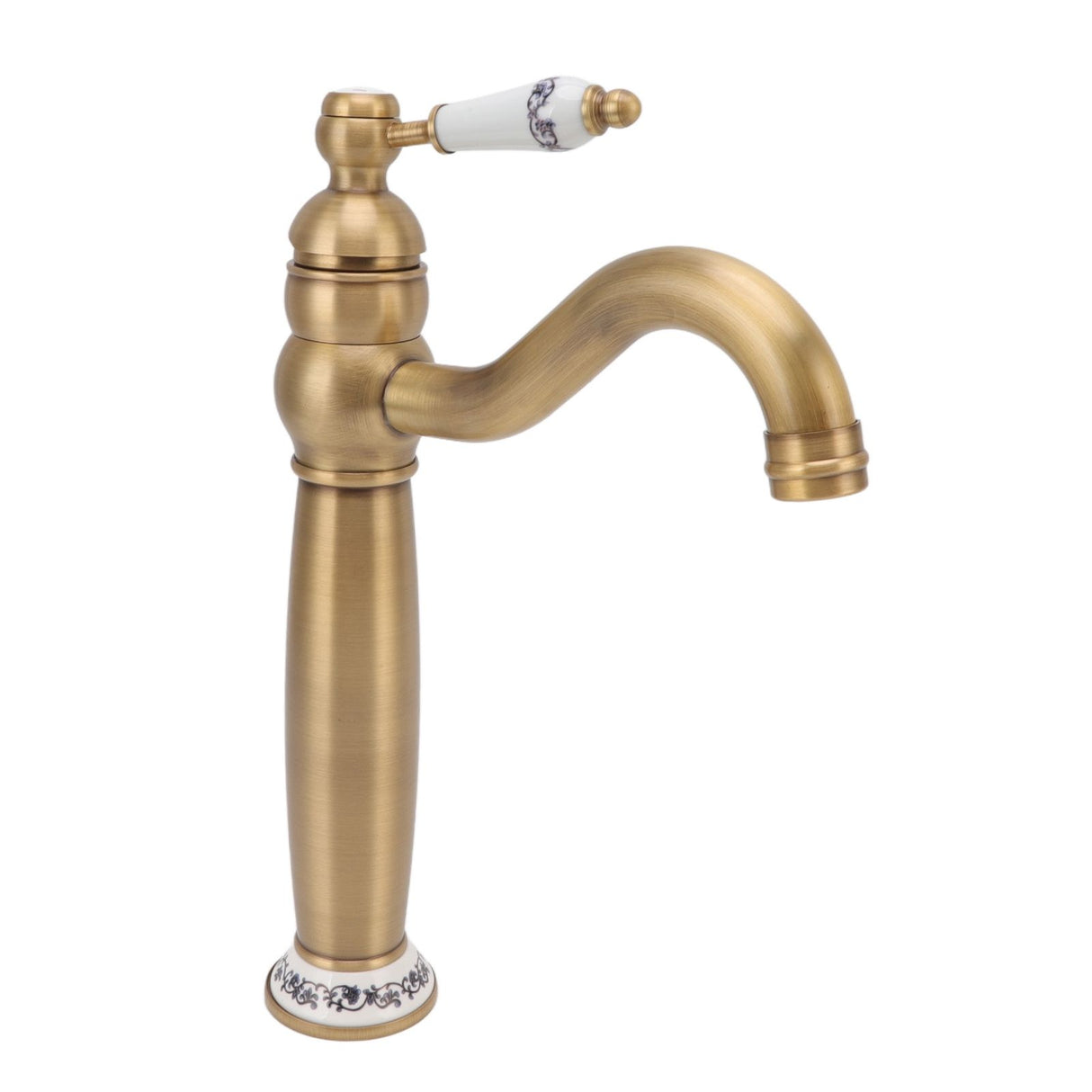 Spout detail of the brass and porcelain European style basin tap