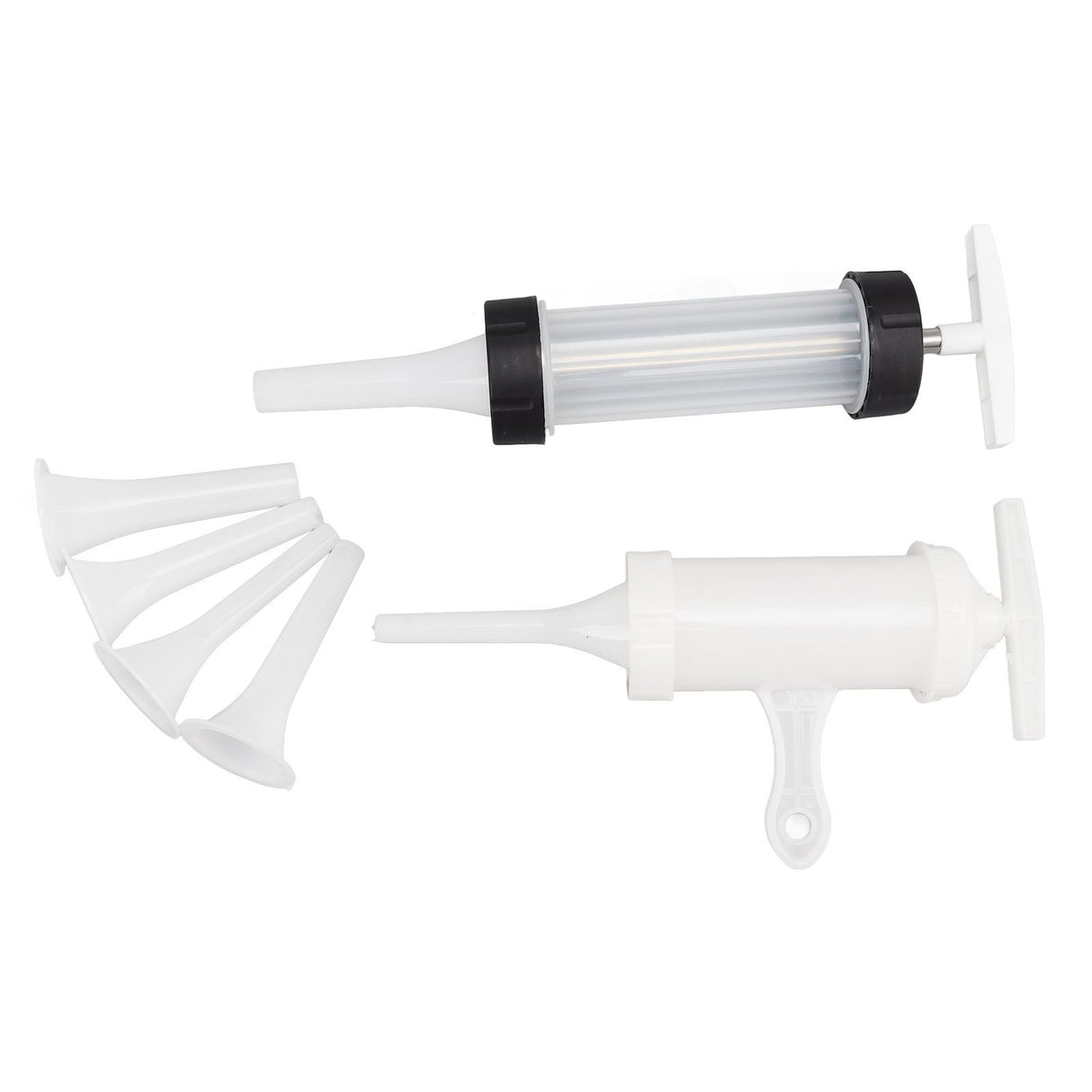 Handheld sausage stuffer showing piston barrel and handle