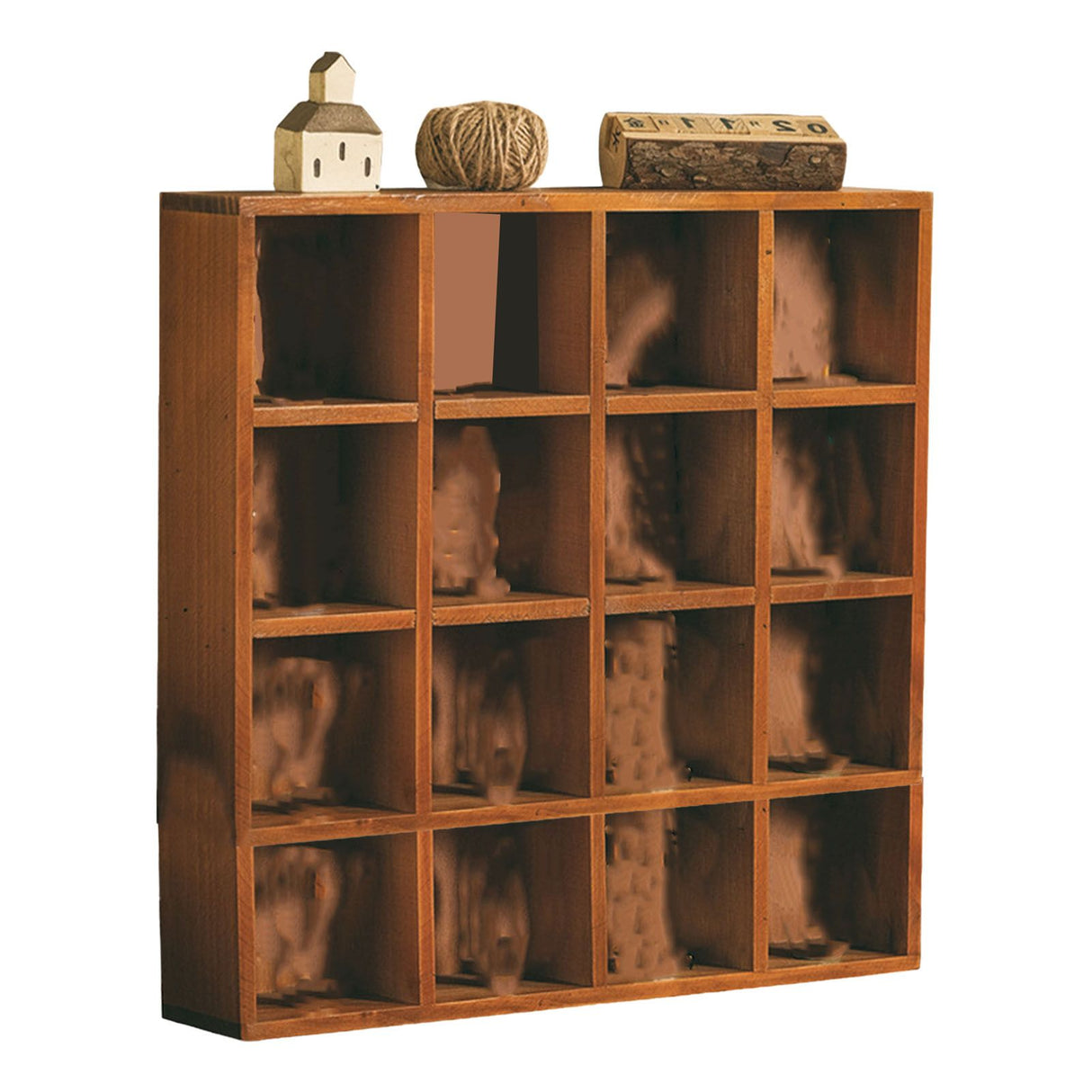 Retro wall mounted wooden display shelf with 16 grid compartments