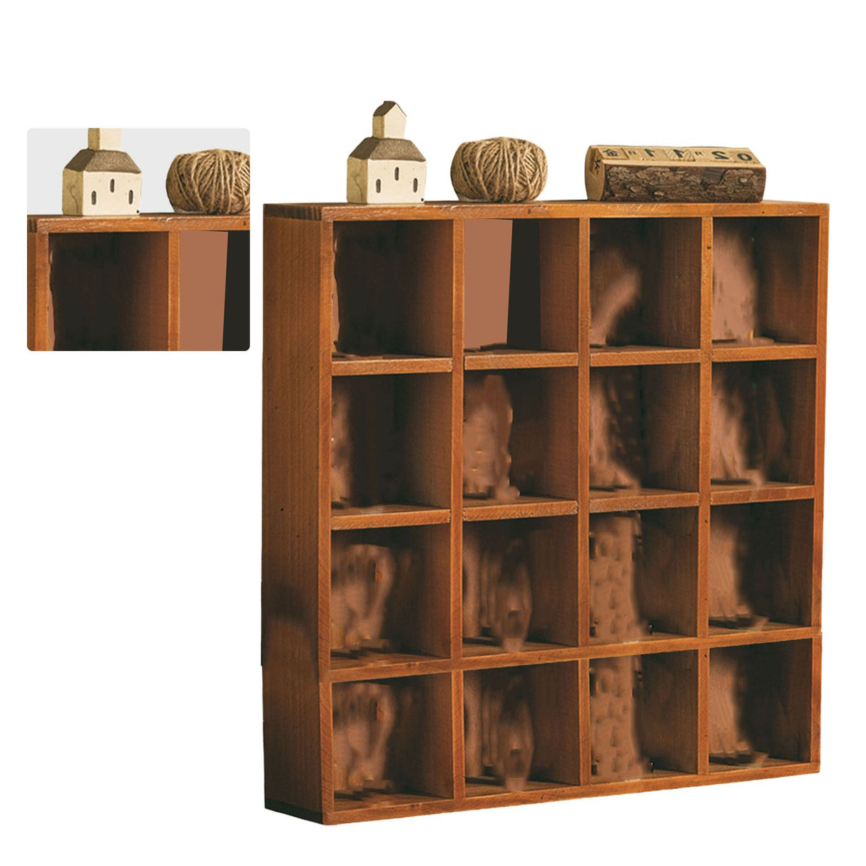 Retro wall mounted wooden display shelf with 16 grid compartments
