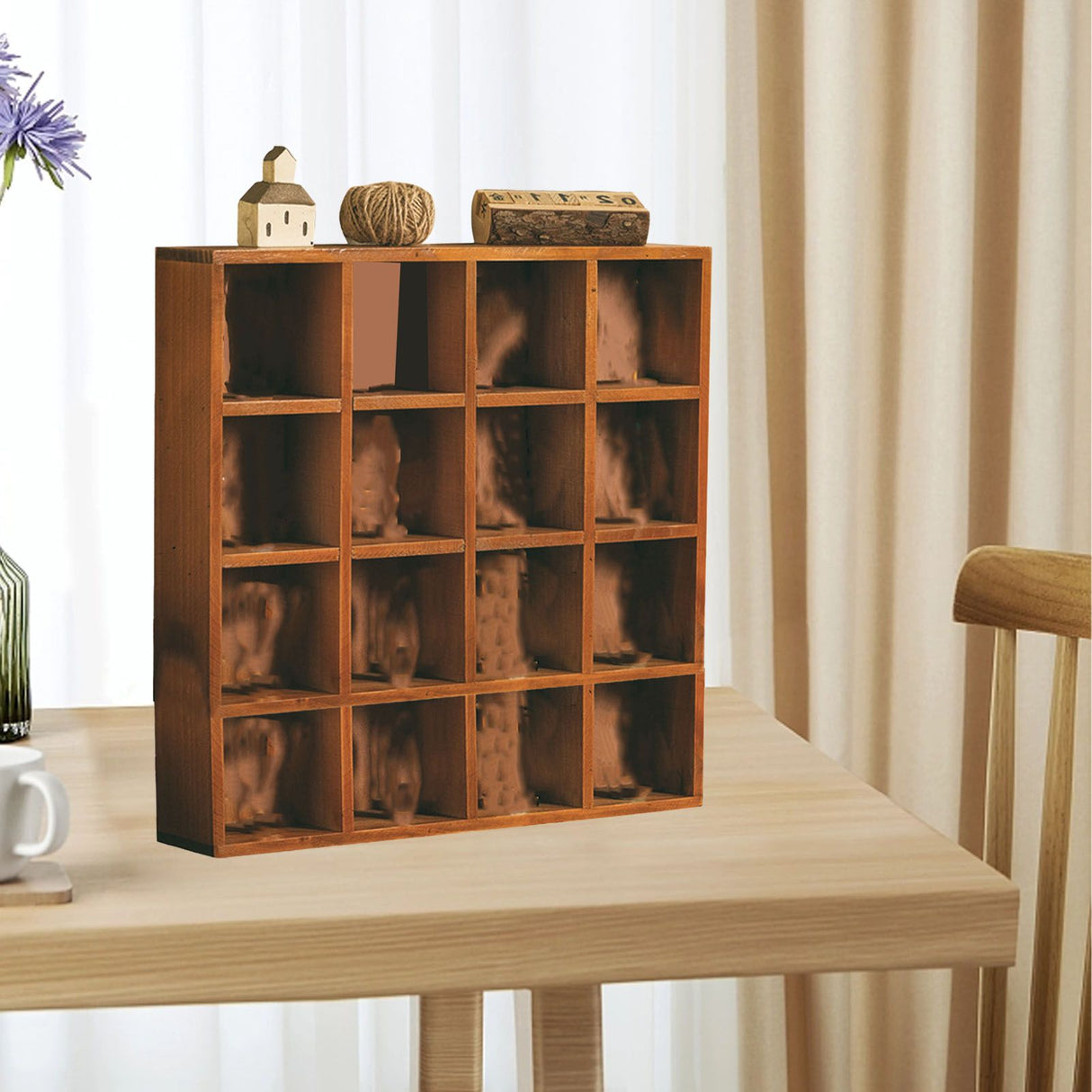 Retro wall mounted wooden display shelf with 16 grid compartments