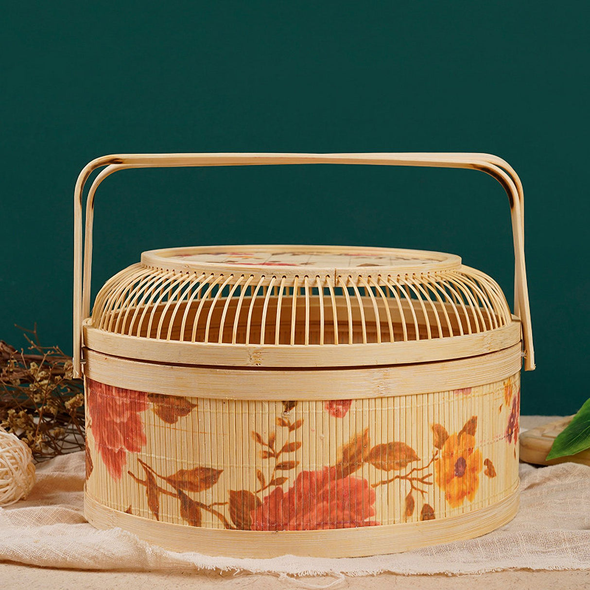 Hand woven basket in a styled room setting