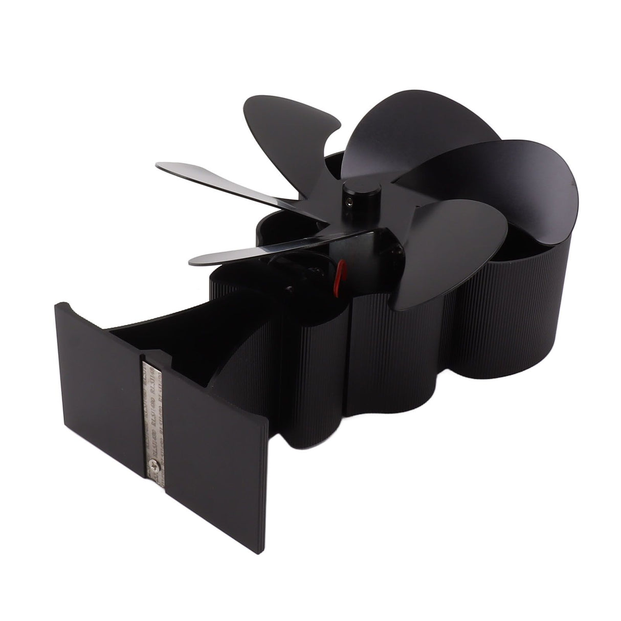 Rear view of the black stove fan showing the heat module