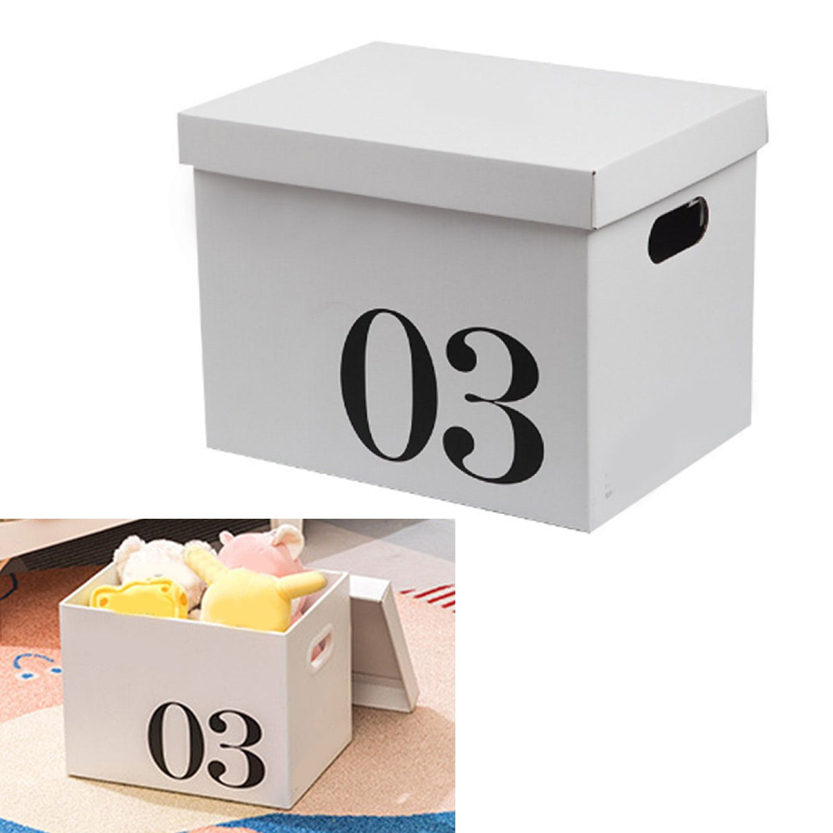 Corrugated storage box shown with lid removed