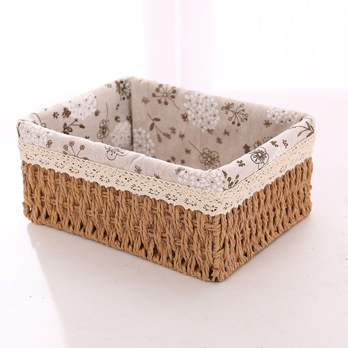Woven desktop storage basket in khaki