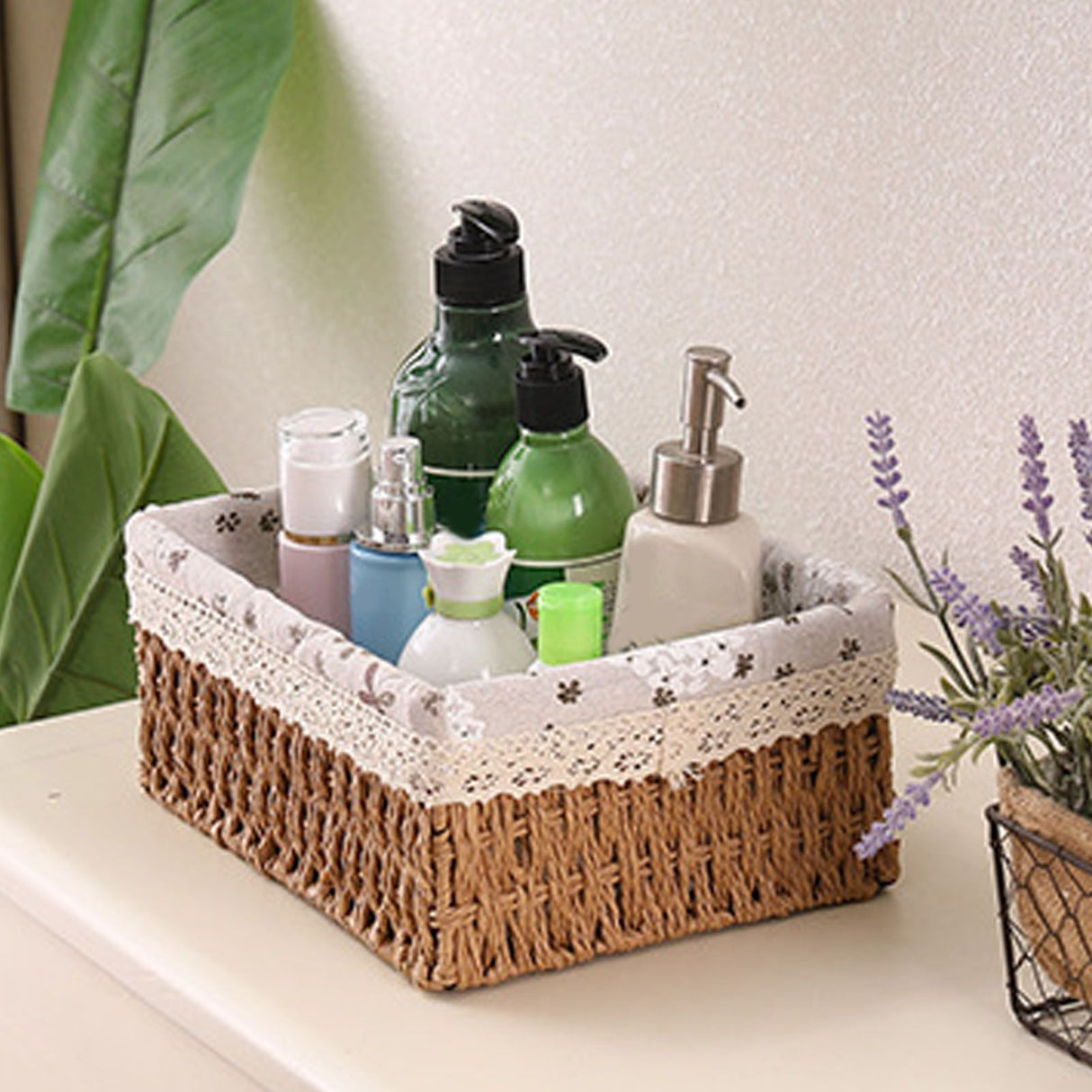 Woven desktop storage basket in khaki