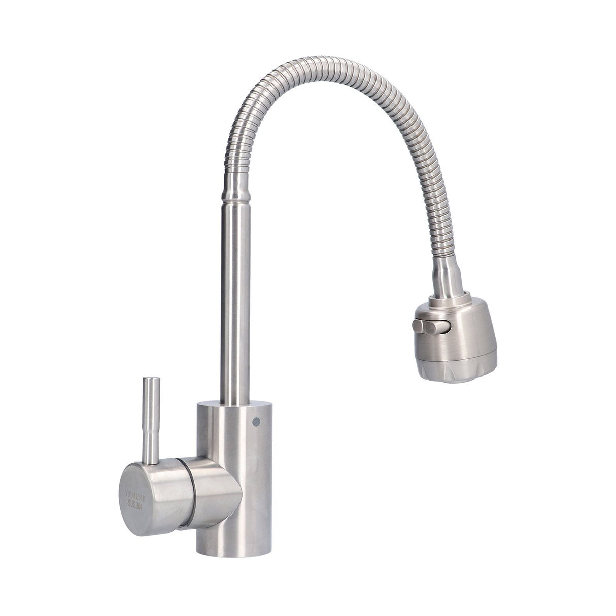 Side profile of the stainless steel mixer tap showing spout shape
