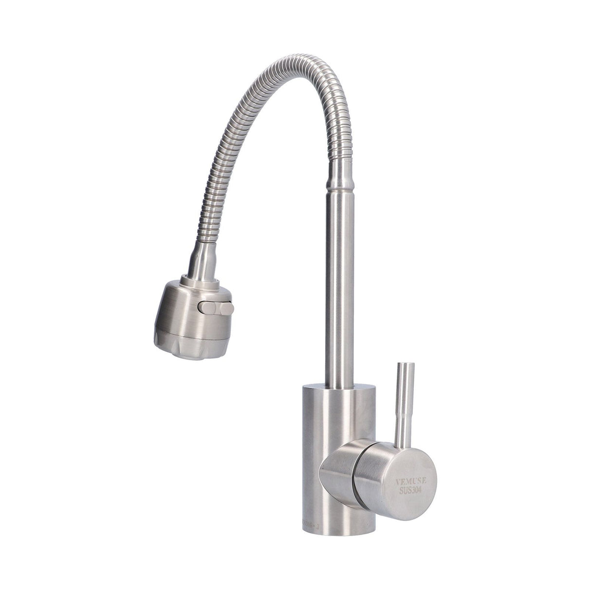 Close up of the handle lever on the stainless steel mixer tap